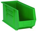 The Quantum Bin, made of green polypropylene, measures 8-1/4W x 18D x 9H. It features stacking or hanging options with a rear hanger, front/back/side grips, and an anti-slide lock. It includes a divider slot and molded-in label holder for organization. Made in the USA.