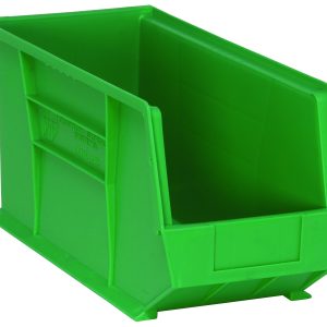 The Quantum Bin, made of green polypropylene, measures 8-1/4W x 18D x 9H. It features stacking or hanging options with a rear hanger, front/back/side grips, and an anti-slide lock. It includes a divider slot and molded-in label holder for organization. Made in the USA.