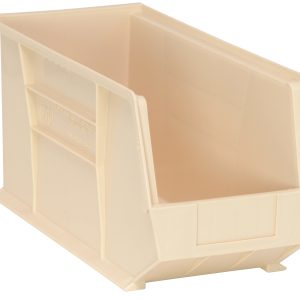 The Quantum Bin, made in the USA from ivory polypropylene, measures 8-1/4W x 18D x 9H and features textured sides with a slanted open front. It includes front/back/side grips, an anti-slide lock, a divider slot, a rear hanger, and a molded-in label holder for efficient organization.