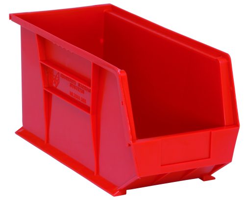 The Quantum Bin, made of red polypropylene and measuring 8-1/4W x 18D x 9H, features front/back/side grips, a rear hanger for stacking or hanging, an anti-slide lock for stability, a molded-in label holder, and one divider slot. Made in USA.