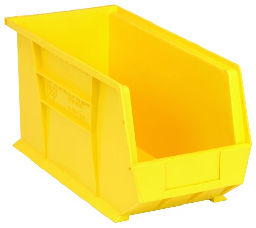 QUS265_YL.jpg The Quantum Bin, made in the USA from yellow polypropylene, measures 8-1/4W x 18D x 9H and features front/back/side grips, an anti-slide lock, a rear hanger, molded-in label holder, and one divider slot—perfect for stacking or hanging small parts or tools in your workspace.