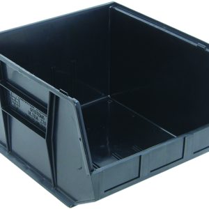 The Quantum Bin is a black conductive storage bin with dimensions of 16-1/2W x 18D x 11H. Featuring front, back, and side grips, its designed for stacking or hanging. It includes an anti-slide lock, divider slots, rear hanger, and a molded-in label holder for organized storage. Made in the USA.