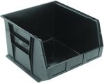 The black Quantum Bin, made in the USA from polypropylene, measures 16-1/2W x 18D x 11H and features front/back/side grips, an anti-slide lock, three divider slots for customizable organization, rear hanger support ridges, and a molded-in label holder.