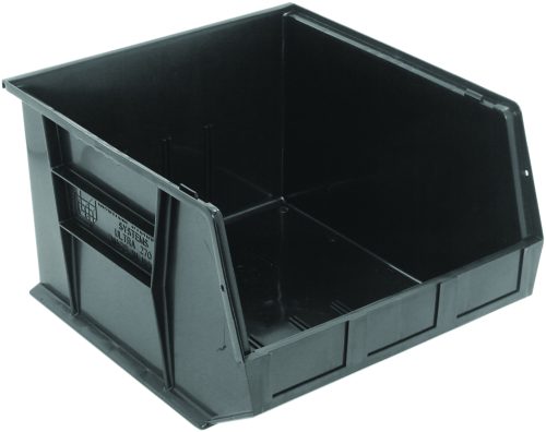 The black Quantum Bin, made in the USA from polypropylene, measures 16-1/2W x 18D x 11H and features front/back/side grips, an anti-slide lock, three divider slots for customizable organization, rear hanger support ridges, and a molded-in label holder.