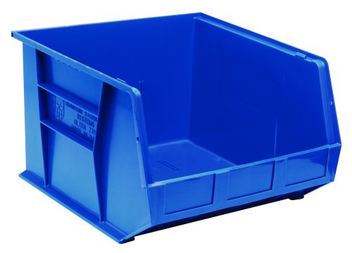 The Quantum Bin is a blue polypropylene storage solution, 16.5 x 18 x 11, featuring open front access, grips on all sides, an anti-slide lock, and three divider slots. It includes a rear hanger and molded-in label holder for organizing small items. Made in the USA.