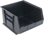 The Quantum Bin is a black, 16.5W x 18D x 11H storage bin made from recycled polypropylene. It features front/back/side grips, reinforced sides, an anti-slide lock, three divider slots for organization, a molded-in label holder, and is stackable or hangable with a rear hanger. Made in the USA.