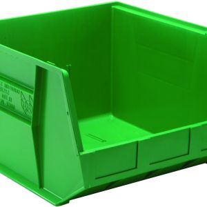 The Quantum Bin is a 16.5W x 18D x 11H green polypropylene bin with front, back, and side grips. It features an anti-slide lock, three divider slots, and a rear hanger. Designed for heavy-duty storage with reinforced sides and ribbed details, its showcased on a plain white background. Made in the USA.