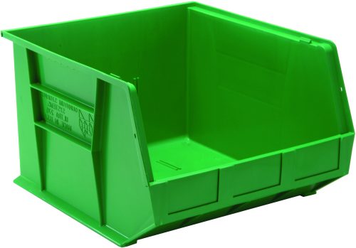 QUS270_GN.jpg The Quantum Bin is a 16.5W x 18D x 11H green polypropylene bin with front, back, and side grips. It features an anti-slide lock, three divider slots, and a rear hanger. Designed for heavy-duty storage with reinforced sides and ribbed details, its showcased on a plain white background. Made in the USA.