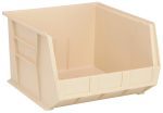 The Quantum Bin is an ivory, rectangular storage solution measuring 16.5W x 18D x 11H. It features front, back, and side grips for easy handling, an anti-slide lock for stability, three divider slots for organization, a rear hanger, and a molded-in label holder. Made in the USA from polypropylene.