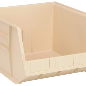 The Quantum Bin is an ivory, rectangular storage solution measuring 16.5W x 18D x 11H. It features front, back, and side grips for easy handling, an anti-slide lock for stability, three divider slots for organization, a rear hanger, and a molded-in label holder. Made in the USA from polypropylene.
