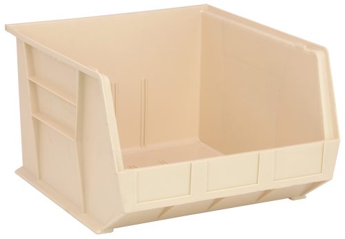 The Quantum Bin is an ivory, rectangular storage solution measuring 16.5W x 18D x 11H. It features front, back, and side grips for easy handling, an anti-slide lock for stability, three divider slots for organization, a rear hanger, and a molded-in label holder. Made in the USA from polypropylene.