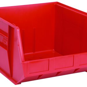 The Quantum Bin in red polypropylene measures 16-1/2W x 18D x 11H, with front, back, and side grips. It features a stackable design with an anti-slide lock and comes with three divider slots, a rear hanger, and a molded-in label holder for efficient organizing and storage. Made in the USA.
