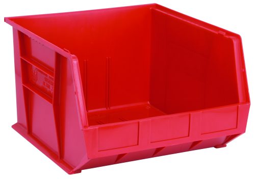 The Quantum Bin in red polypropylene measures 16-1/2W x 18D x 11H, with front, back, and side grips. It features a stackable design with an anti-slide lock and comes with three divider slots, a rear hanger, and a molded-in label holder for efficient organizing and storage. Made in the USA.