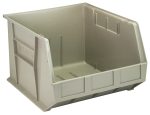 A large stone polypropylene Quantum Bin (16.5W x 18D x 11H) features an open front, reinforced sides, textured surface, front/side grips, anti-slide lock, rear hanger, molded-in label holder, and three interior divider slots. Made in USA.