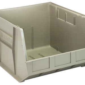 A large stone polypropylene Quantum Bin (16.5W x 18D x 11H) features an open front, reinforced sides, textured surface, front/side grips, anti-slide lock, rear hanger, molded-in label holder, and three interior divider slots. Made in USA.
