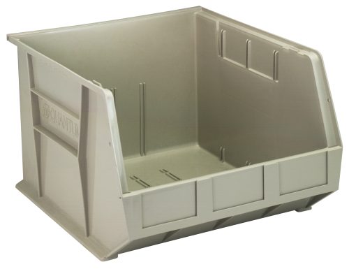 A large stone polypropylene Quantum Bin (16.5W x 18D x 11H) features an open front, reinforced sides, textured surface, front/side grips, anti-slide lock, rear hanger, molded-in label holder, and three interior divider slots. Made in USA.