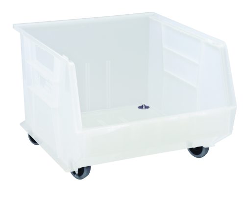 The Quantum Bin is a clear, 16.5W x 18D x 14H storage solution with front/back/side grips and three divider slots for organization. Featuring an anti-slide lock, rear hanger, molded-in label holder, and casters for mobility, its perfect for organizing or transporting essentials. Made in the USA.