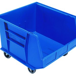 The Quantum Bin in blue polypropylene measures 16-1/2W x 18D x 14H, features front/back/side grips, an anti-slide lock, and rides on four black swivel casters. With a wide open front and reinforced ribbing for sturdy storage, it includes three divider slots and a molded-in label holder.