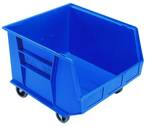 The Quantum Bin in blue polypropylene measures 16-1/2W x 18D x 14H, features front/back/side grips, an anti-slide lock, and rides on four black swivel casters. With a wide open front and reinforced ribbing for sturdy storage, it includes three divider slots and a molded-in label holder.