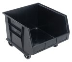 The Quantum Bin is a black, stackable and hangable plastic bin measuring 16-1/2W x 18D x 14H with divider slots, a rear hanger, molded-in label holder, anti-slide lock, and casters for easy transport. Its designed with front/back/side grips and is perfect for industrial or commercial use. Made in the USA.