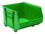 The Quantum Bin is a 16.5W x 18D x 14H green polypropylene bin with front, back, and side grips, an anti-slide lock, and a sloped front for easy access. It features reinforced sides, a flat base for industrial use, three divider slots, and four 3 swivel casters for stable mobility. Made in the USA.