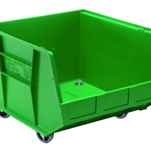 The Quantum Bin is a 16.5W x 18D x 14H green polypropylene bin with front, back, and side grips, an anti-slide lock, and a sloped front for easy access. It features reinforced sides, a flat base for industrial use, three divider slots, and four 3 swivel casters for stable mobility. Made in the USA.