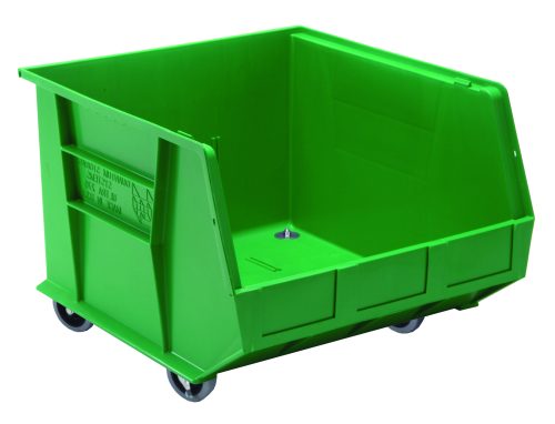 QUS275MOB_GN.jpg The Quantum Bin is a 16.5W x 18D x 14H green polypropylene bin with front, back, and side grips, an anti-slide lock, and a sloped front for easy access. It features reinforced sides, a flat base for industrial use, three divider slots, and four 3 swivel casters for stable mobility. Made in the USA.