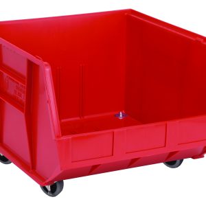 The Quantum Bin is a large, red polypropylene bin measuring 16-1/2W x 18D x 14H, featuring (4) 3 swivel casters and an open front for easy access. It has front/back/side grips, an anti-slide lock, three divider slots, a rear hanger, and a molded-in label holder for perfect stacking. Made in the USA.