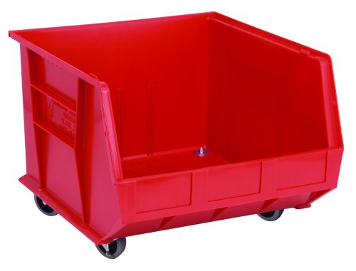 The Quantum Bin is a large, red polypropylene bin measuring 16-1/2W x 18D x 14H, featuring (4) 3 swivel casters and an open front for easy access. It has front/back/side grips, an anti-slide lock, three divider slots, a rear hanger, and a molded-in label holder for perfect stacking. Made in the USA.