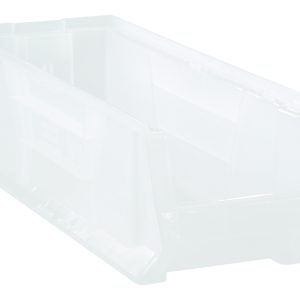 Introducing the Quantum Hulk 24 Container: a clear, stackable polypropylene bin sized at 23-7/8L x 8-1/4W x 7H. Made in the USA, it features reinforced edges and an open top with slightly tapered sides for enhanced durability.