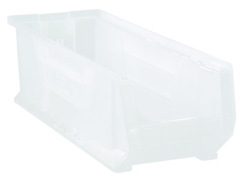 Introducing the Quantum Hulk 24 Container: a clear, stackable polypropylene bin sized at 23-7/8L x 8-1/4W x 7H. Made in the USA, it features reinforced edges and an open top with slightly tapered sides for enhanced durability.
