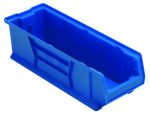 The Quantum Hulk 24 Container, 23-7/8L x 8-1/4W x 7H, is a blue polypropylene storage bin with an open-top rectangular design. It has slightly angled walls, a lowered front edge for easy access, and is stackable. Smooth surfaces and ridged edges provide additional strength. Made in the USA.