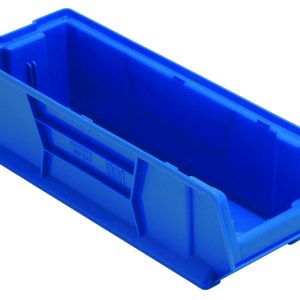 The Quantum Hulk 24 Container, 23-7/8L x 8-1/4W x 7H, is a blue polypropylene storage bin with an open-top rectangular design. It has slightly angled walls, a lowered front edge for easy access, and is stackable. Smooth surfaces and ridged edges provide additional strength. Made in the USA.