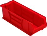 The Quantum Hulk 24 stackable container, measuring 23-7/8L x 8-1/4W x 7H, is a red, rectangular plastic bin made of durable polypropylene, featuring an open front and ribbed sides for structural support, ideal for efficiently organizing or storing small items. Made in the USA.