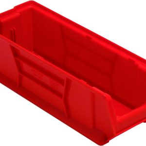The Quantum Hulk 24 stackable container, measuring 23-7/8L x 8-1/4W x 7H, is a red, rectangular plastic bin made of durable polypropylene, featuring an open front and ribbed sides for structural support, ideal for efficiently organizing or storing small items. Made in the USA.