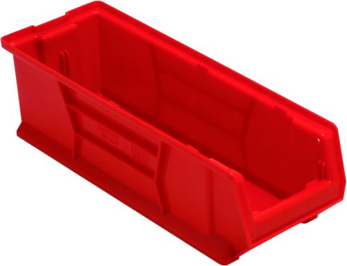 The Quantum Hulk 24 stackable container, measuring 23-7/8L x 8-1/4W x 7H, is a red, rectangular plastic bin made of durable polypropylene, featuring an open front and ribbed sides for structural support, ideal for efficiently organizing or storing small items. Made in the USA.