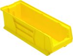 Introducing the Quantum Hulk 24 Container, measuring 23-7/8L x 8-1/4W x 7H. Crafted from durable polypropylene, this bright yellow storage bin features an open front and reinforced sides. Stackable and proudly made in the USA, it combines superior stability with quality craftsmanship.