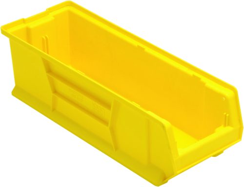 Introducing the Quantum Hulk 24 Container, measuring 23-7/8L x 8-1/4W x 7H. Crafted from durable polypropylene, this bright yellow storage bin features an open front and reinforced sides. Stackable and proudly made in the USA, it combines superior stability with quality craftsmanship.