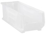 The Quantum Hulk 24 Container is a clear polypropylene storage bin with an open front for easy access. It features a rectangular shape, slightly tapered sides, a reinforced rim, and is made in the USA.