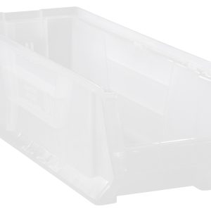 The Quantum Hulk 24 Container is a clear polypropylene storage bin with an open front for easy access. It features a rectangular shape, slightly tapered sides, a reinforced rim, and is made in the USA.