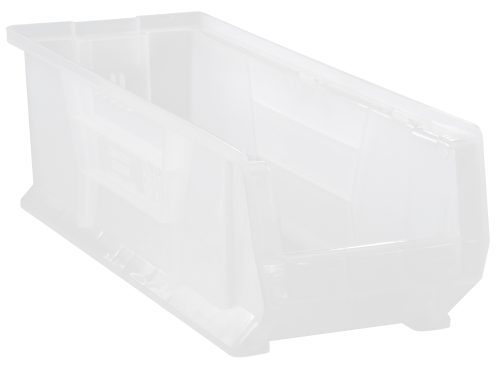 The Quantum Hulk 24 Container is a clear polypropylene storage bin with an open front for easy access. It features a rectangular shape, slightly tapered sides, a reinforced rim, and is made in the USA.