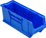 The Quantum Hulk 24 Container, stackable and made of blue polypropylene, features an open front for easy access, reinforced sides, and a slightly sloped interior, measuring 23-7/8L x 8-1/4W x 9H. Made in the USA.