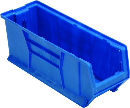 The Quantum Hulk 24 Container, stackable and made of blue polypropylene, features an open front for easy access, reinforced sides, and a slightly sloped interior, measuring 23-7/8L x 8-1/4W x 9H. Made in the USA.