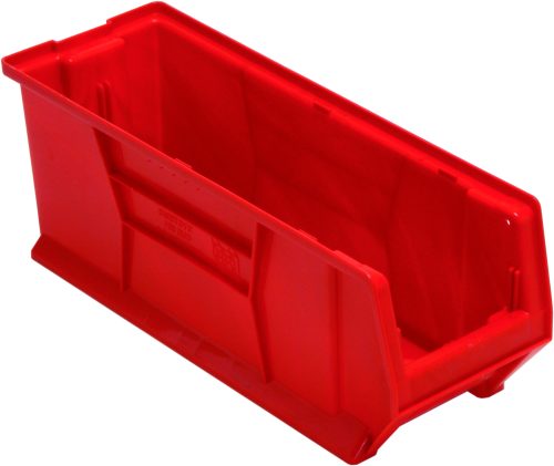 QUS951_RD.jpg The Quantum Hulk 24 Container, measuring 23-7/8L x 8-1/4W x 9H, is a stackable, red polypropylene bin with an open front and solid sides for efficient organization. It features reinforced edges and a smooth surface, making it ideal for stacking or shelf placement. Made in the USA.