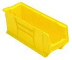 A bright yellow, rectangular Quantum Hulk 24 Container (23-7/8L x 8-1/4W x 9H) made of polypropylene with an open front sits on a white background. It features molded handles for easy carrying and a stackable design for added convenience. Made in the USA.
