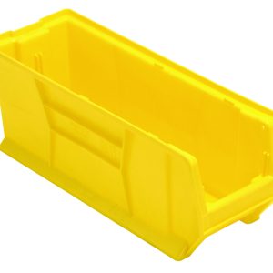 A bright yellow, rectangular Quantum Hulk 24 Container (23-7/8L x 8-1/4W x 9H) made of polypropylene with an open front sits on a white background. It features molded handles for easy carrying and a stackable design for added convenience. Made in the USA.