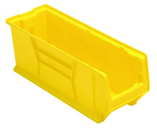 QUS951_YL.jpg A bright yellow, rectangular Quantum Hulk 24 Container (23-7/8L x 8-1/4W x 9H) made of polypropylene with an open front sits on a white background. It features molded handles for easy carrying and a stackable design for added convenience. Made in the USA.