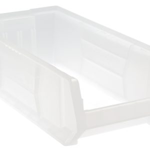 The Quantum Hulk 24 Container is a clear, stackable, polypropylene bin with an open front and structured sides. Measuring 23-7/8L x 11W x 7H, its perfect for organizing and storing items efficiently. Made in the USA.