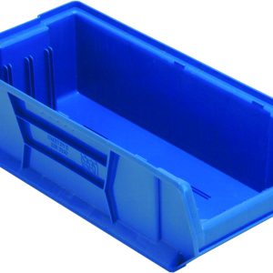 The Quantum Hulk 24 Container in blue is crafted from durable polypropylene, made in the USA, and features reinforced sides, a label holder, and slotted grooves for organized stacking. Its 23-7/8L x 11W x 7H dimensions make it ideal for optimizing any space.
