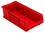 The Quantum Hulk 24 Container, made in the USA from red polypropylene, is stackable and features raised edges. It measures 23-7/8L x 11W x 7H with reinforced sides, an open top, and a front label slot.